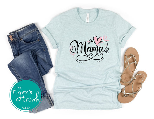 T-shirt with Mama in elegant script and an infinity symbol, minimalist and classic design for stylish moms