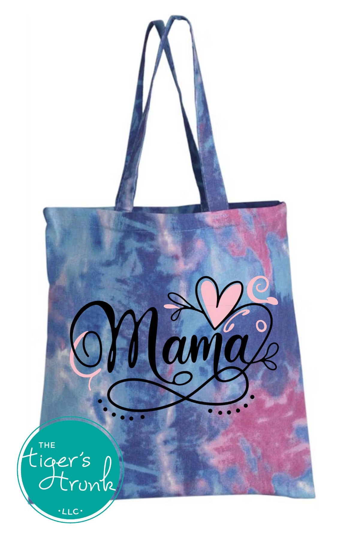 Tie-dyed canvas tote with Mama in script and an infinity symbol, crafted from recycled denim, eco-conscious and stylish gift for moms