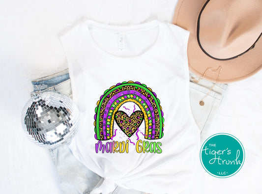 Muscle tank top with "Mardi Gras" and a rainbow design in purple, green, and gold, perfect for Mardi Gras celebrations.