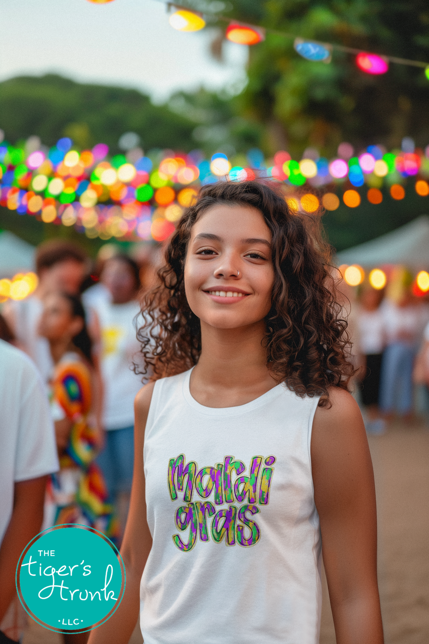 Mardi Gras t-shirt and muscle tank with hand-drawn paintbrush font in purple, green, and gold, perfect for festivals, parades, and celebrations.