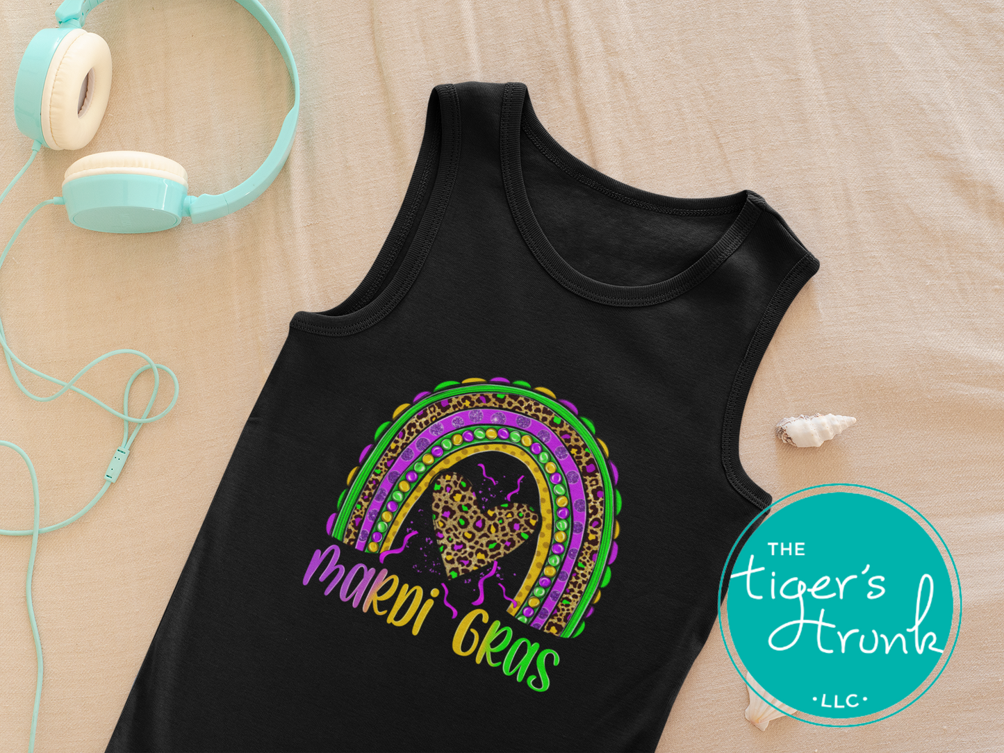 Muscle tank top with "Mardi Gras" and a rainbow design in purple, green, and gold, perfect for Mardi Gras celebrations.