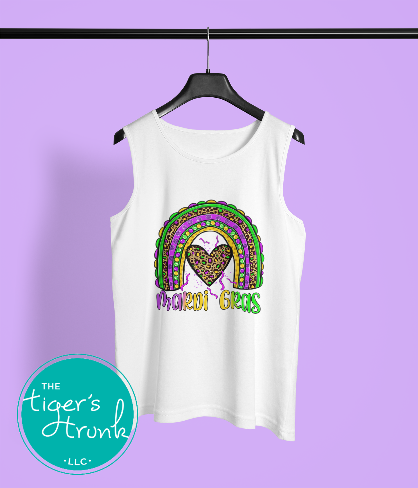 Muscle tank top with "Mardi Gras" and a rainbow design in purple, green, and gold, perfect for Mardi Gras celebrations.