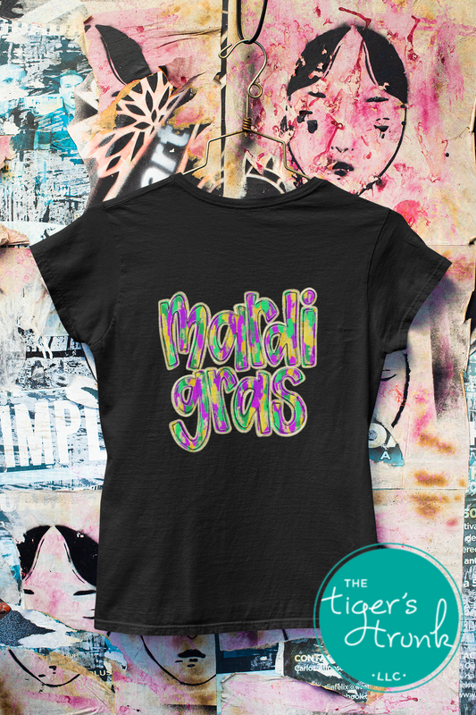 Mardi Gras t-shirt and muscle tank with hand-drawn paintbrush font in purple, green, and gold, perfect for festivals, parades, and celebrations.