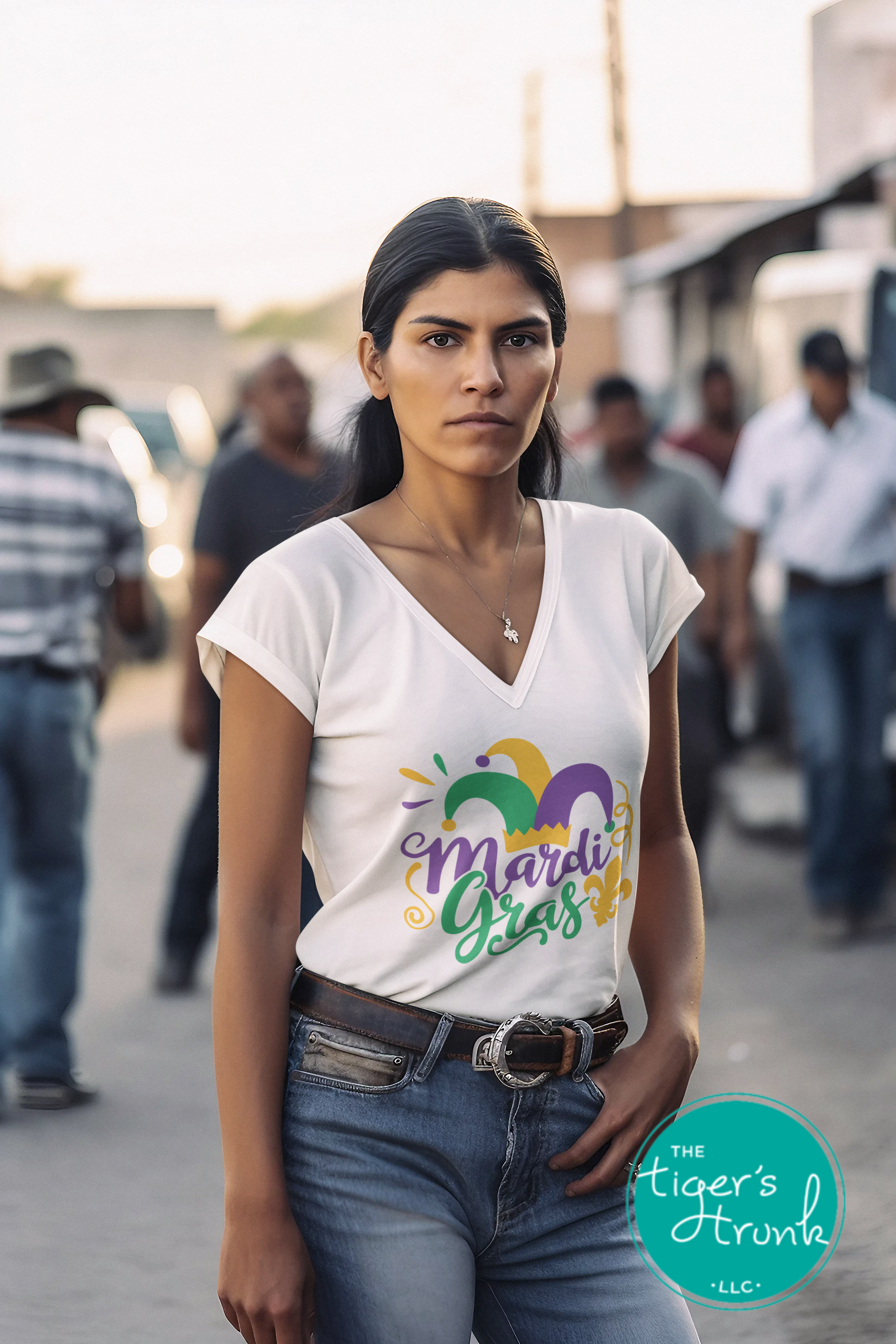 Festive Mardi Gras shirts with watercolor text in purple, green, and gold. Available as V-neck and muscle tank styles for parades or parties.