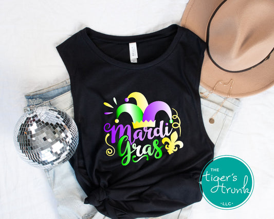 Festive Mardi Gras shirts with watercolor text in purple, green, and gold. Available as V-neck and muscle tank styles for parades or parties.