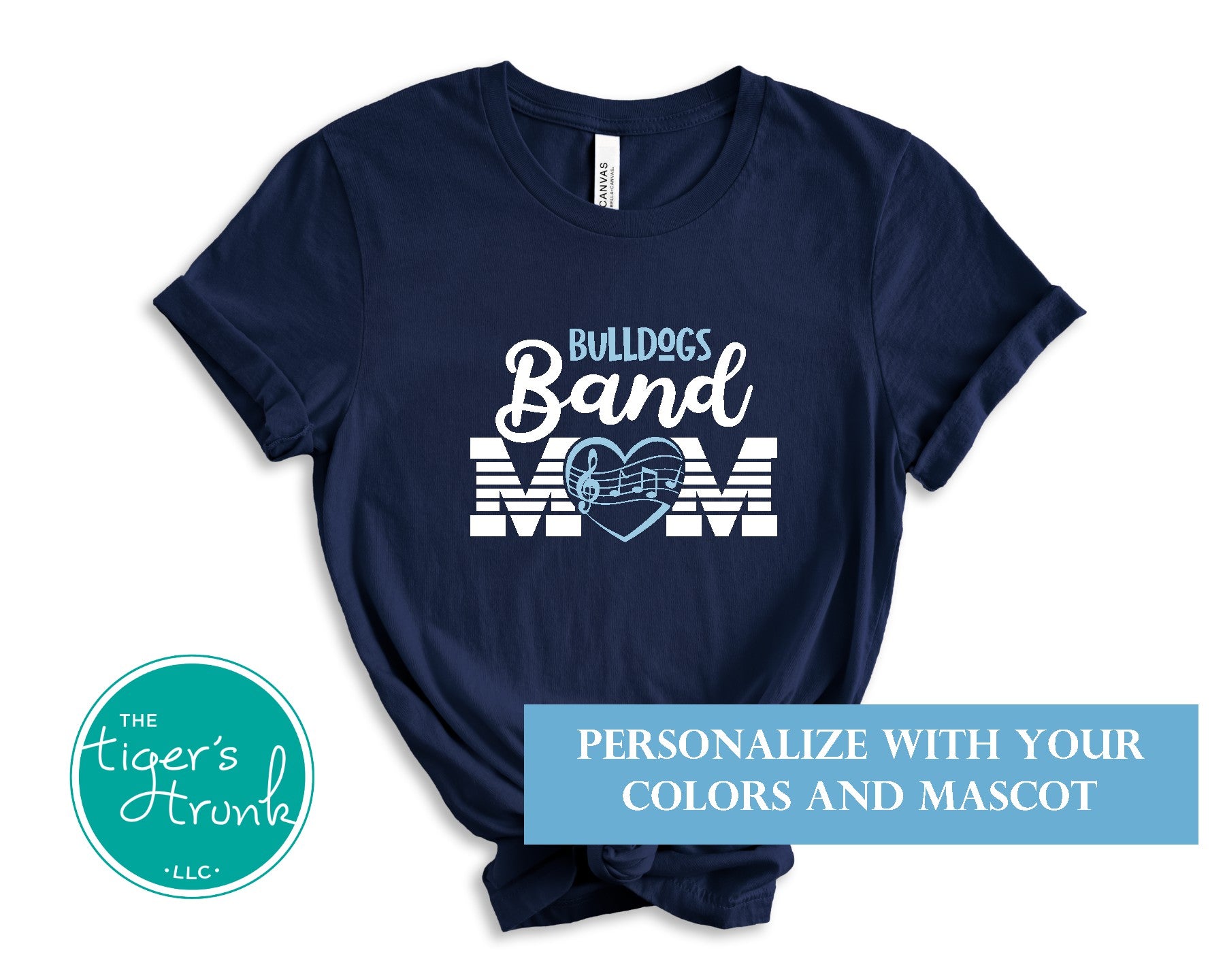 Navy blue t-shirt with 'Bulldogs Band Mom' design on a white background