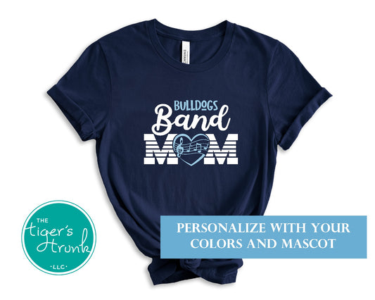 Navy blue t-shirt with 'Bulldogs Band Mom' design on a white background