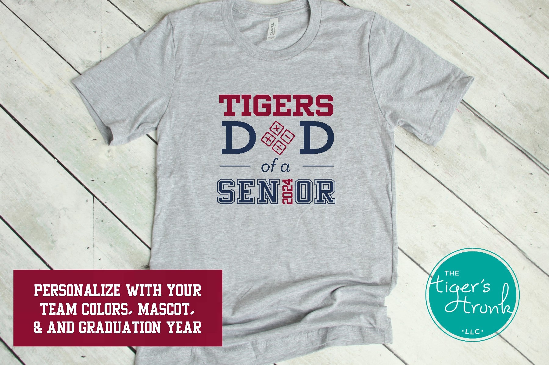 heather gray dad of a senior shirt personalized with mascot school colors and graduation year