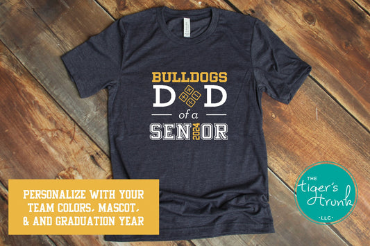 navy dad of a senior shirt customized with school colors mascot and graduation year