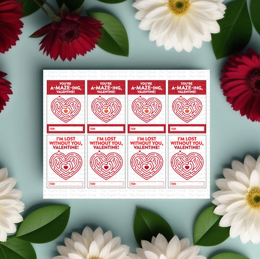 Maze-themed Valentine cards with messages like "You’re Amazing" and "I’m Lost Without You," perfect for kids.