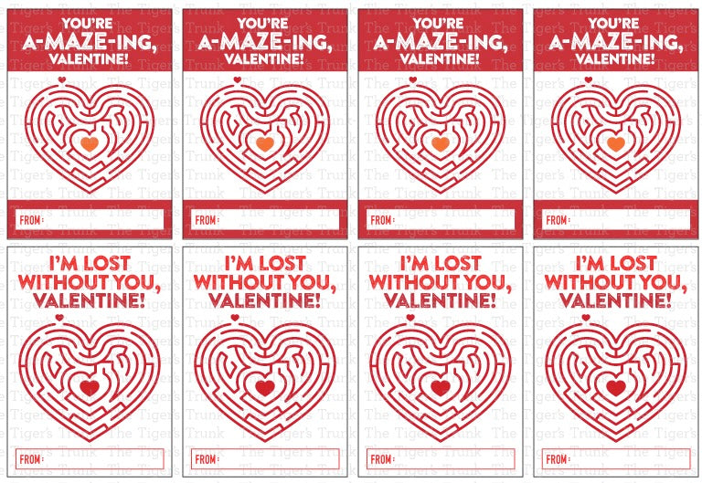 Maze-themed Valentine cards with messages like "You’re Amazing" and "I’m Lost Without You," perfect for kids.