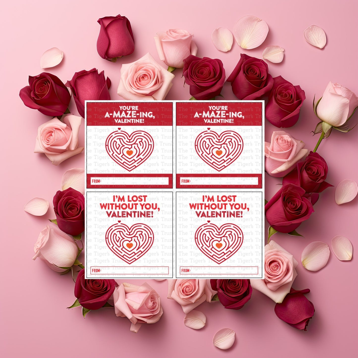 Maze-themed Valentine tags with messages like "You’re Amazing" and "I’m Lost Without You," perfect for kids and treat bags.
