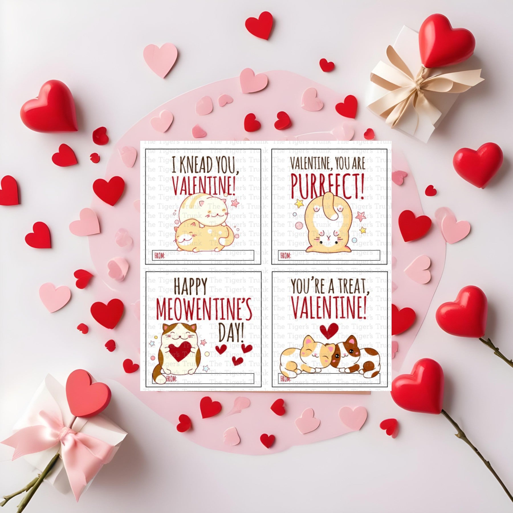Valentine’s tags with a cat theme and messages like "I Knead You" and "You’re the Cat’s Meow."