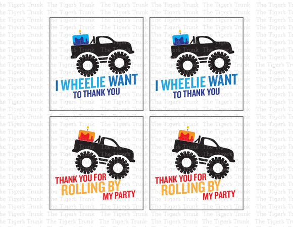 Party Favor Bag Tags | Thank You Cards | Monster Truck Theme | Instant Download | Printable Tags