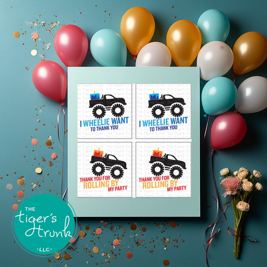 Monster truck-themed thank you tags with "I Wheelie Want to Thank You" and "Thank You for Rolling By My Party," ideal for party favors.