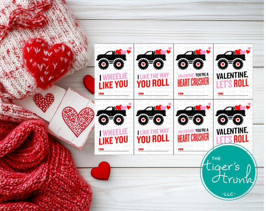 Printable Valentine’s Day cards featuring monster trucks and hearts, instant download with 4 unique designs for kids.