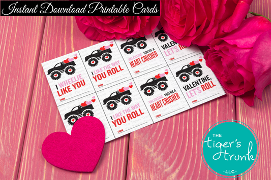 Printable Valentine’s Day cards featuring monster trucks and hearts, instant download with 4 unique designs for kids.