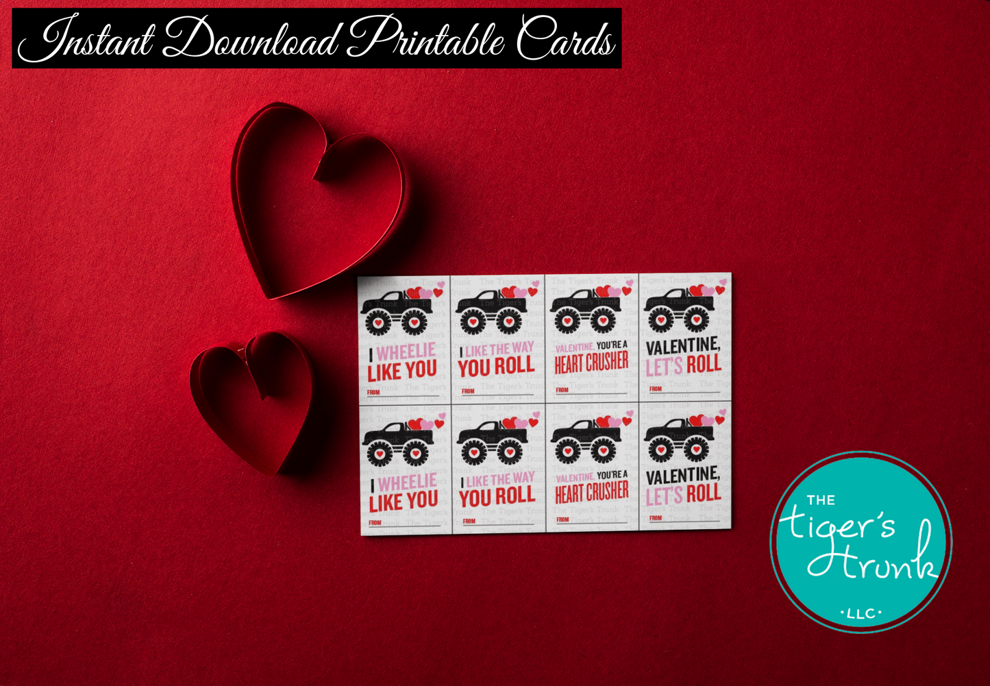 Printable Valentine’s Day cards featuring monster trucks and hearts, instant download with 4 unique designs for kids.