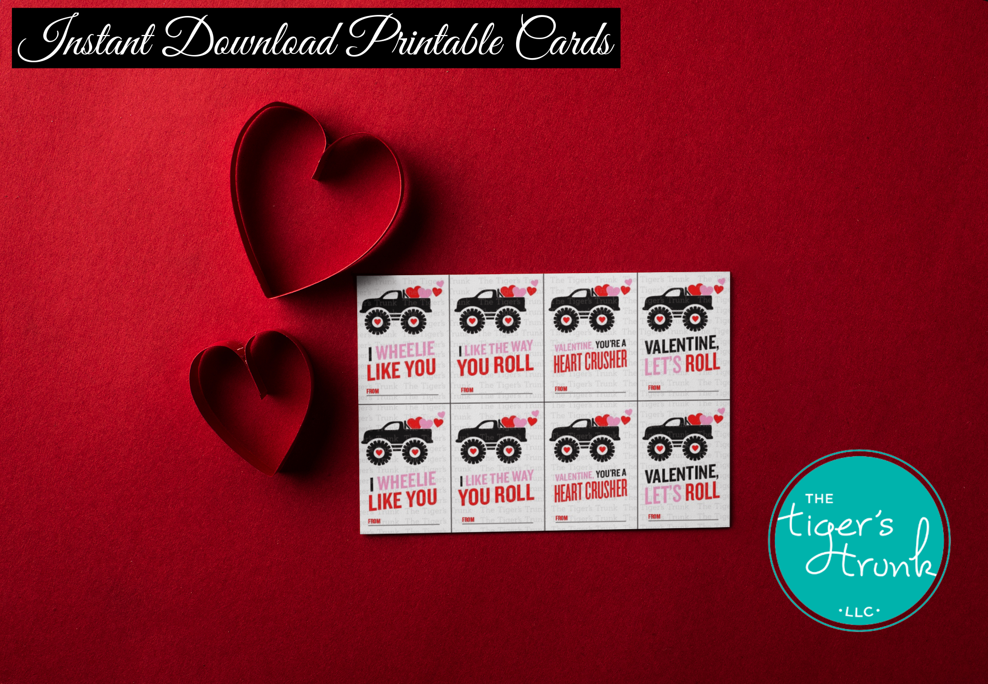 Printable Valentine’s Day cards featuring monster trucks and hearts, instant download with 4 unique designs for kids.