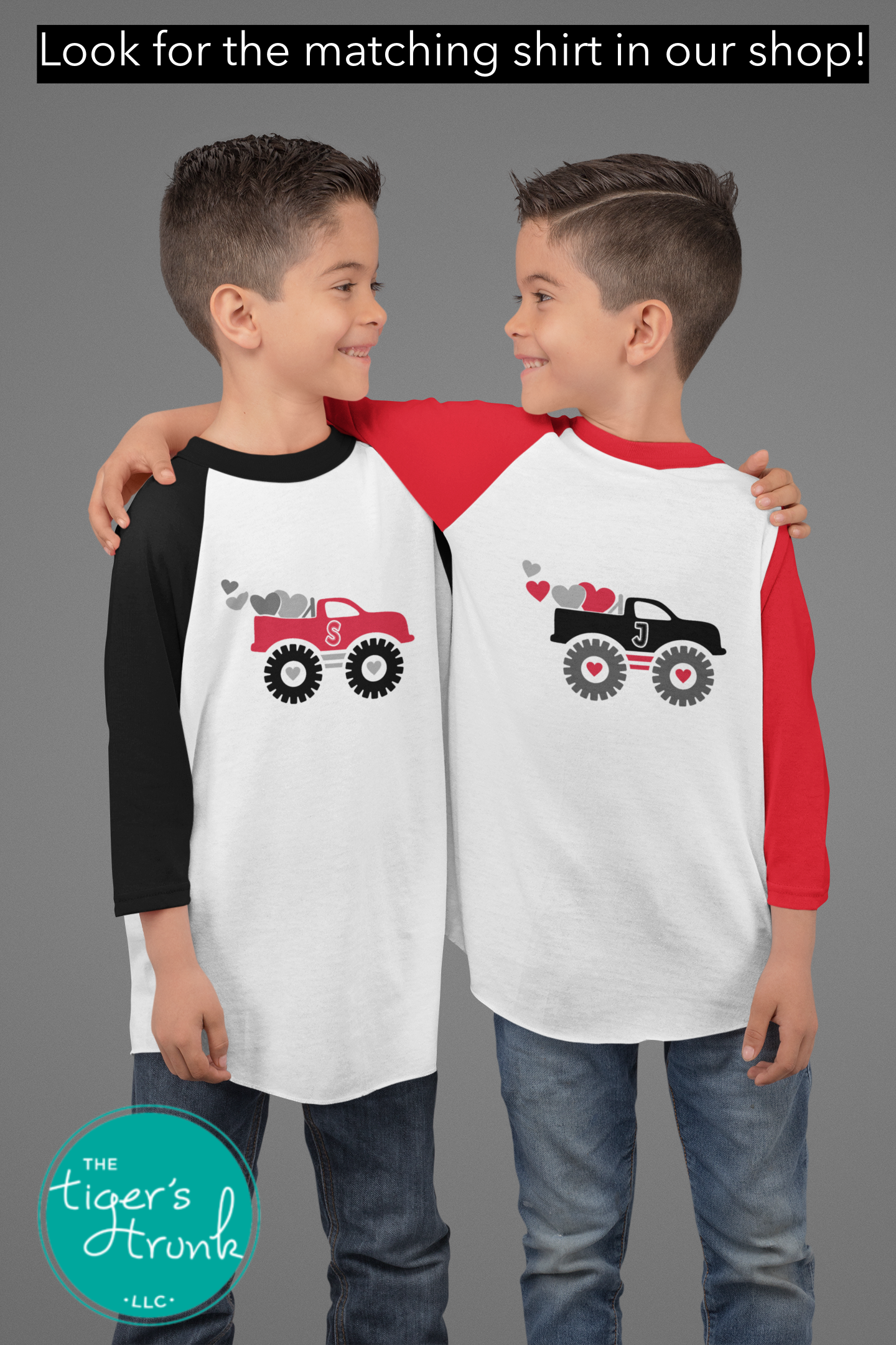 Printable Valentine’s Day cards featuring monster trucks and hearts, instant download with 4 unique designs for kids.