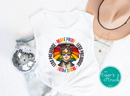 Muscle tank top with the phrase "More Pride Less Prejudice," sleeveless Pride shirt for LGBTQ+ supporters, readers, and allies