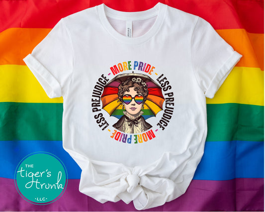 Graphic t-shirt with the phrase "More Pride Less Prejudice," inclusive Pride tee for LGBTQ+ supporters, available in tee, tank, or sweatshirt