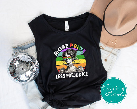 Muscle tank top with the phrase "More Pride Less Prejudice," sleeveless Pride shirt for LGBTQ+ supporters, readers, and allies