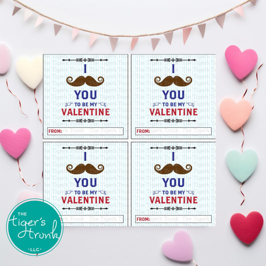 Printable mustache-themed Valentine tags with a funny pun, instant download non-candy Valentine gifts for classroom exchanges and party favors.