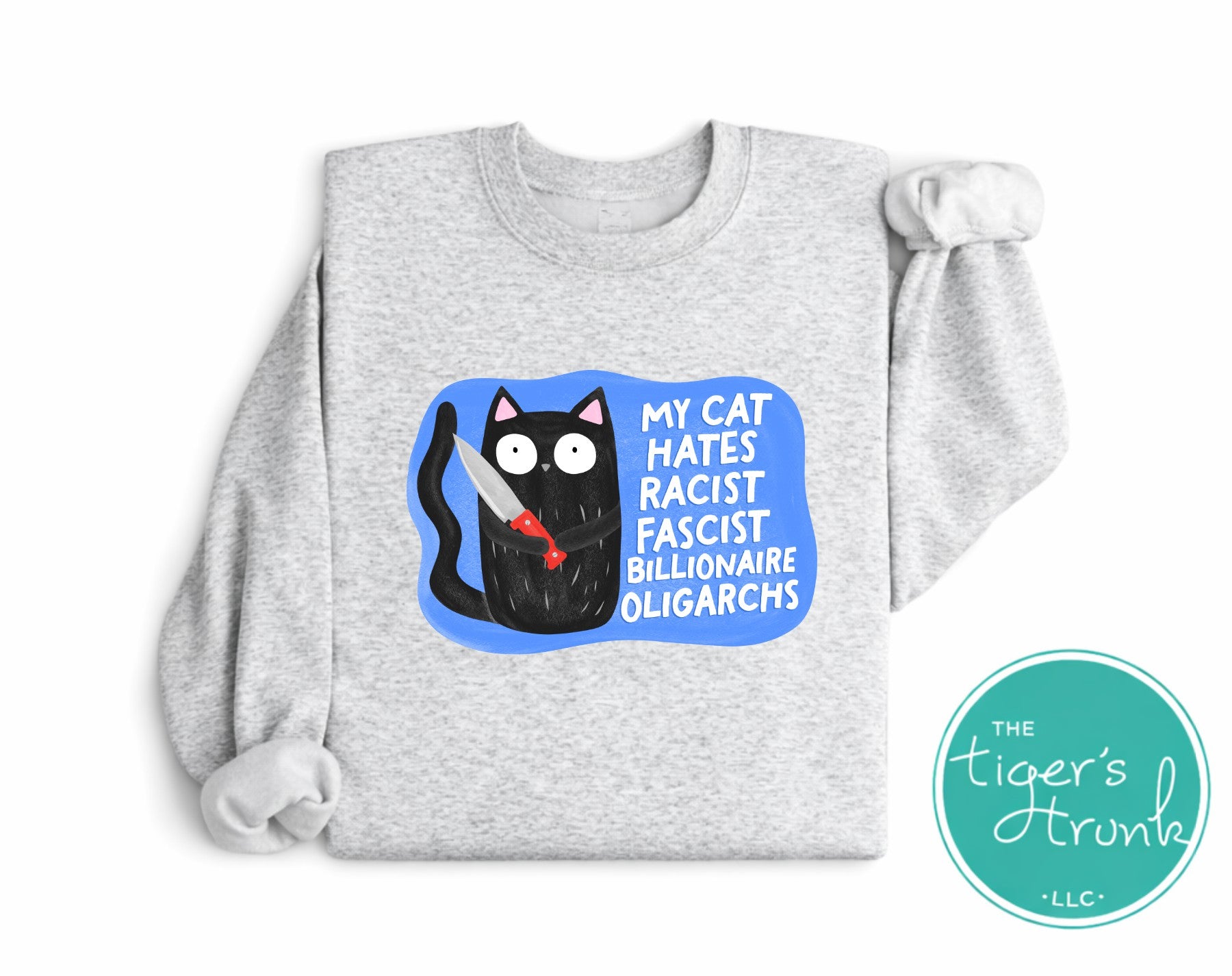 Gray sweatshirt with a graphic of a cat holding a sword and text, branded with 'The Tiger's Strunke'.