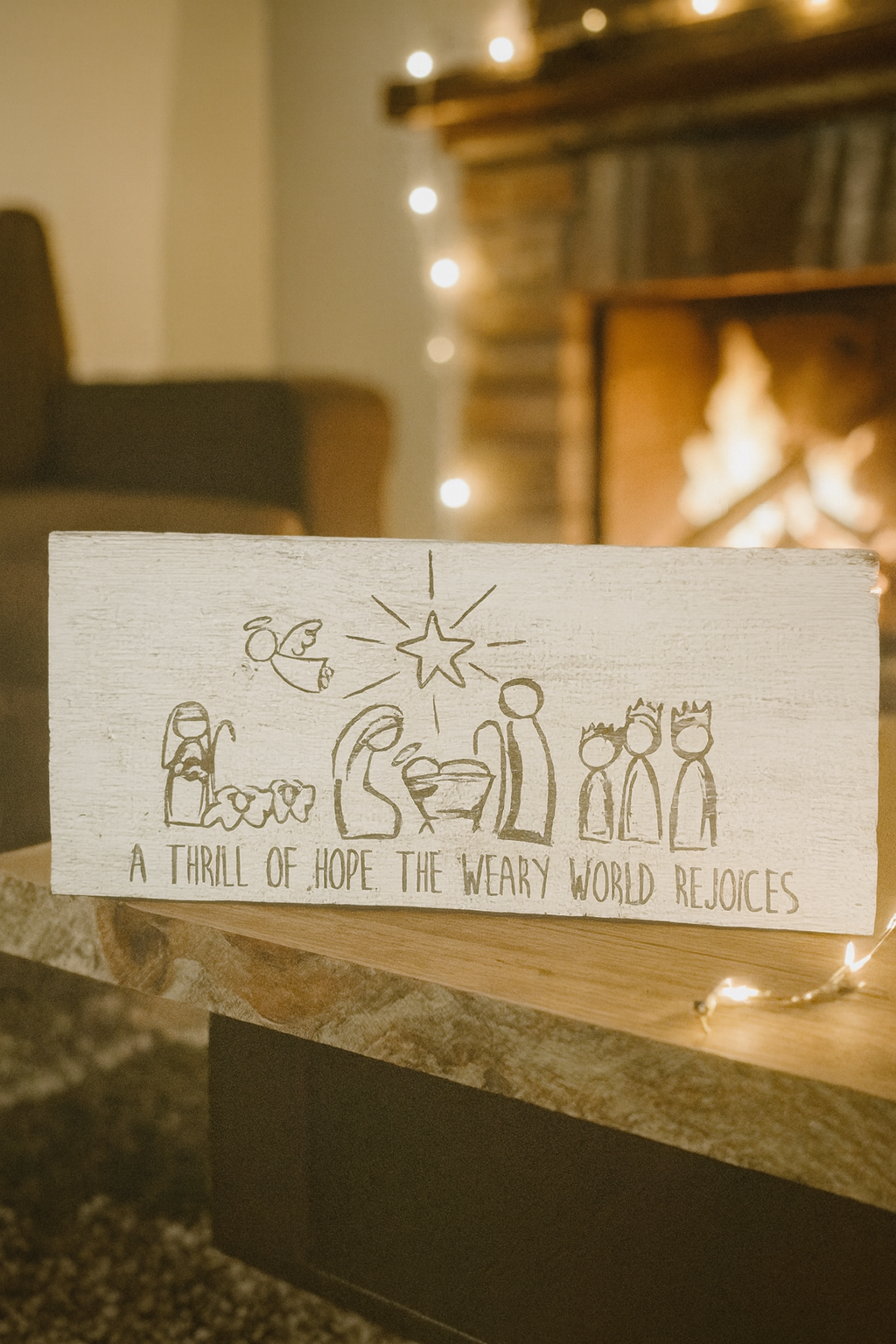Hand-painted wooden nativity sign displayed on a mantel with soft Christmas lights.