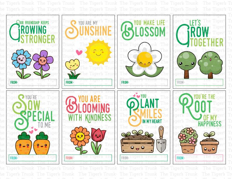 Valentine’s cards with a flower theme featuring messages like "You Plant Smiles in My Heart" and "You Make Life Blossom."