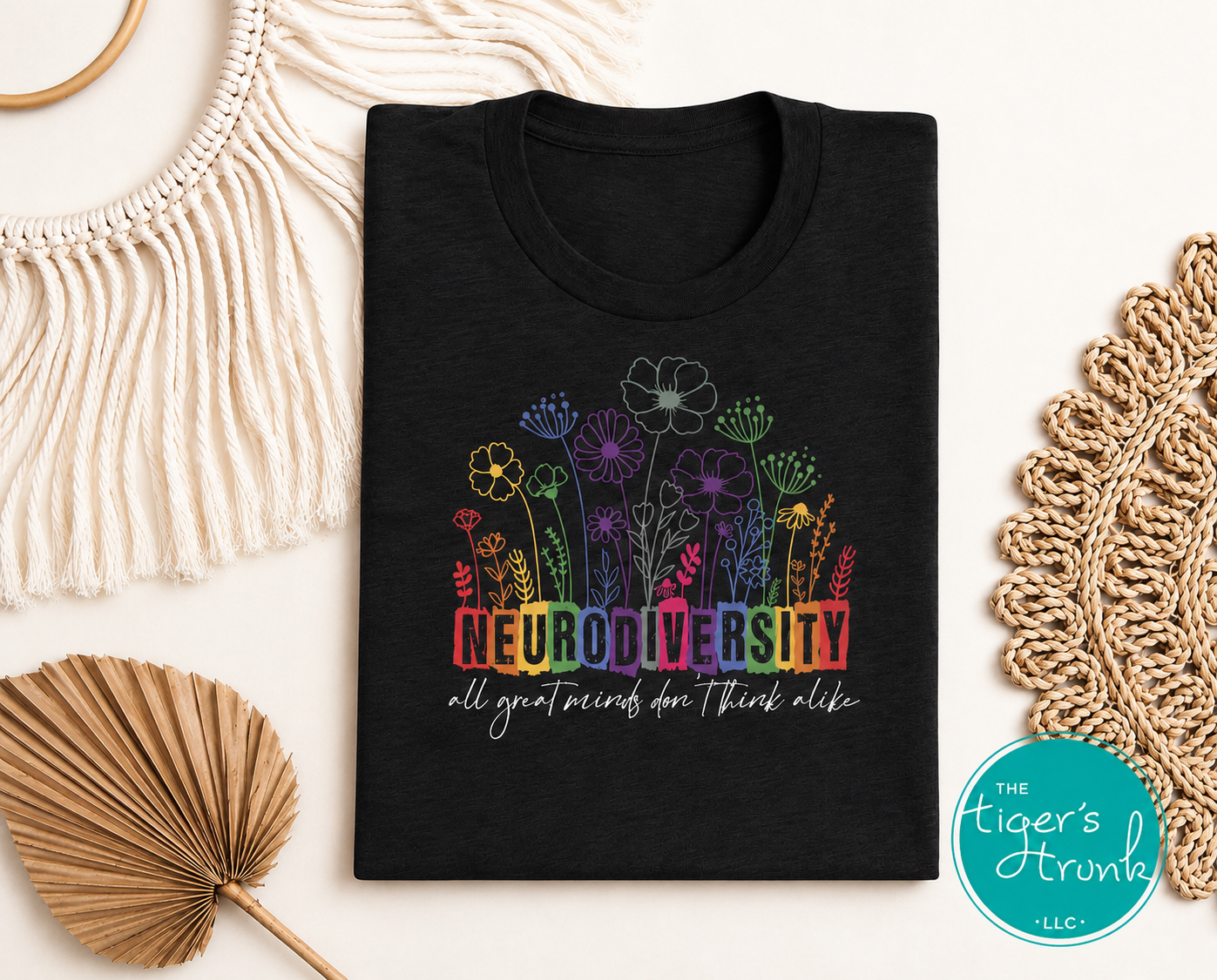 Black autism acceptance shirt with colorful neurodiversity floral graphic