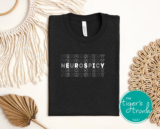 Black heather neurospicy autism acceptance shirt with retro layered lettering