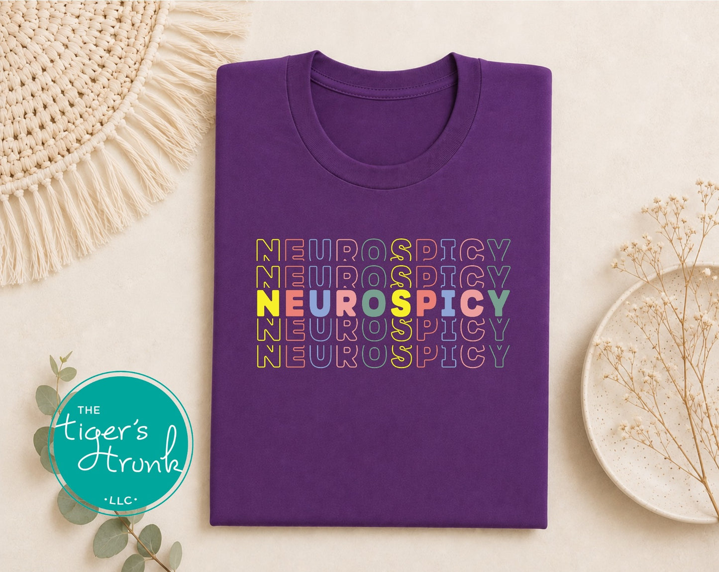 Purple neurospicy autism acceptance t-shirt with pastel layered typography
