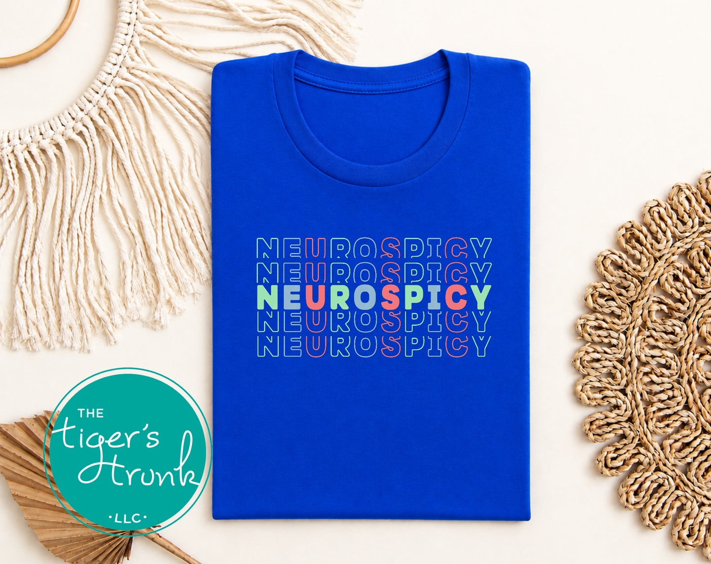 Royal blue neurospicy neurodiversity graphic tee with colorful lettering
