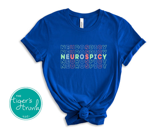 Graphic t-shirt with the word "Neurospicy," bold design celebrating neurodivergent identity and brain pride