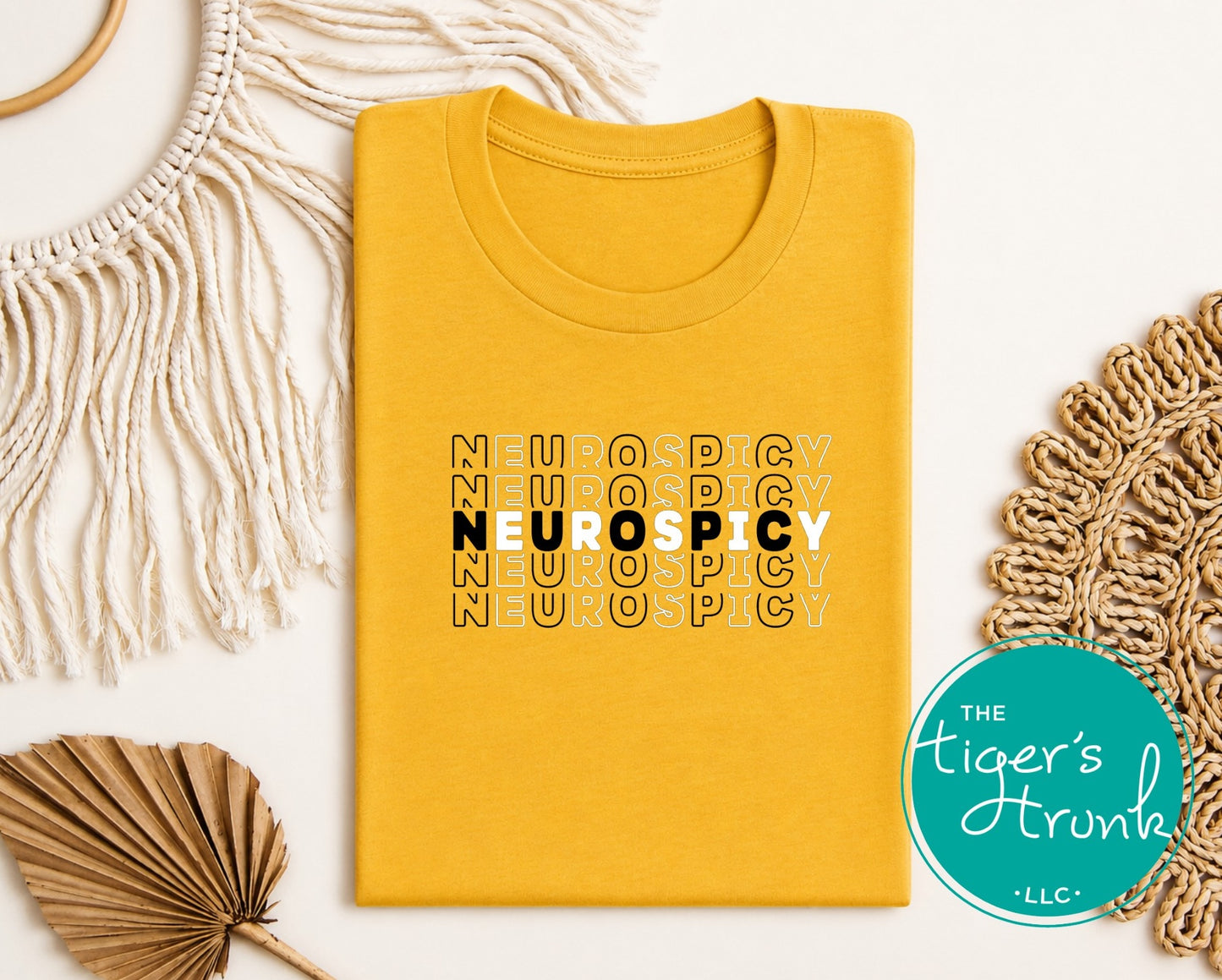Yellow gold neurospicy neurodivergent shirt with bold black and white typography graphic
