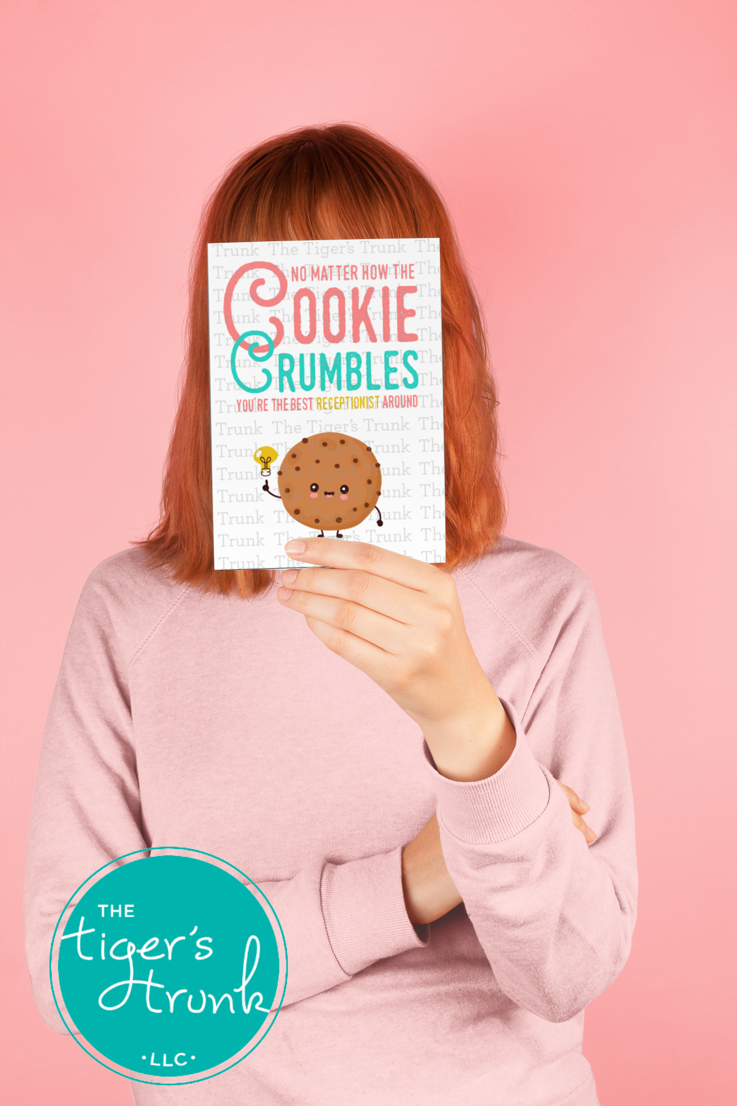 Printable thank-you card with cookie theme and message "No Matter How the Cookie Crumbles You're the Best Receptionist Around," instant download