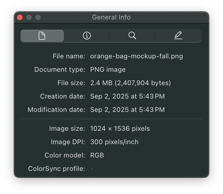 File information panel showing details of an image file named 'orange-bag-mockup-fall.png'.