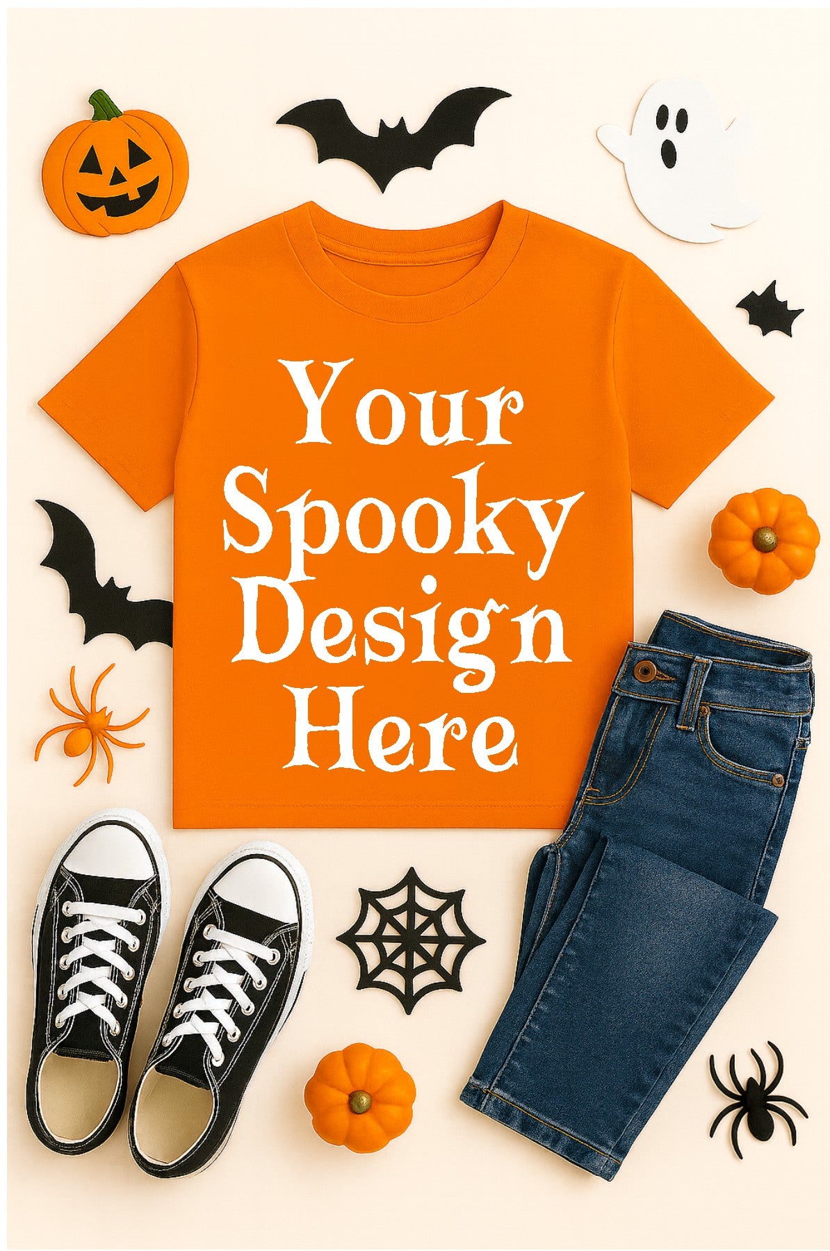 Orange t-shirt with 'Your Spooky Design Here' text, surrounded by Halloween-themed items on a light background.