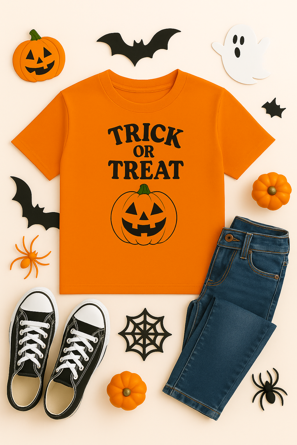 Orange Youth Shirt Mockup PNG with Halloween Décor