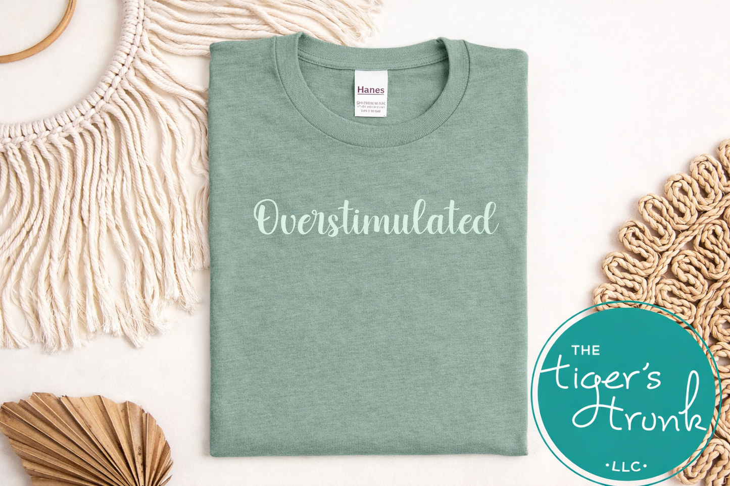 Stonewashed green overstimulated text graphic tee