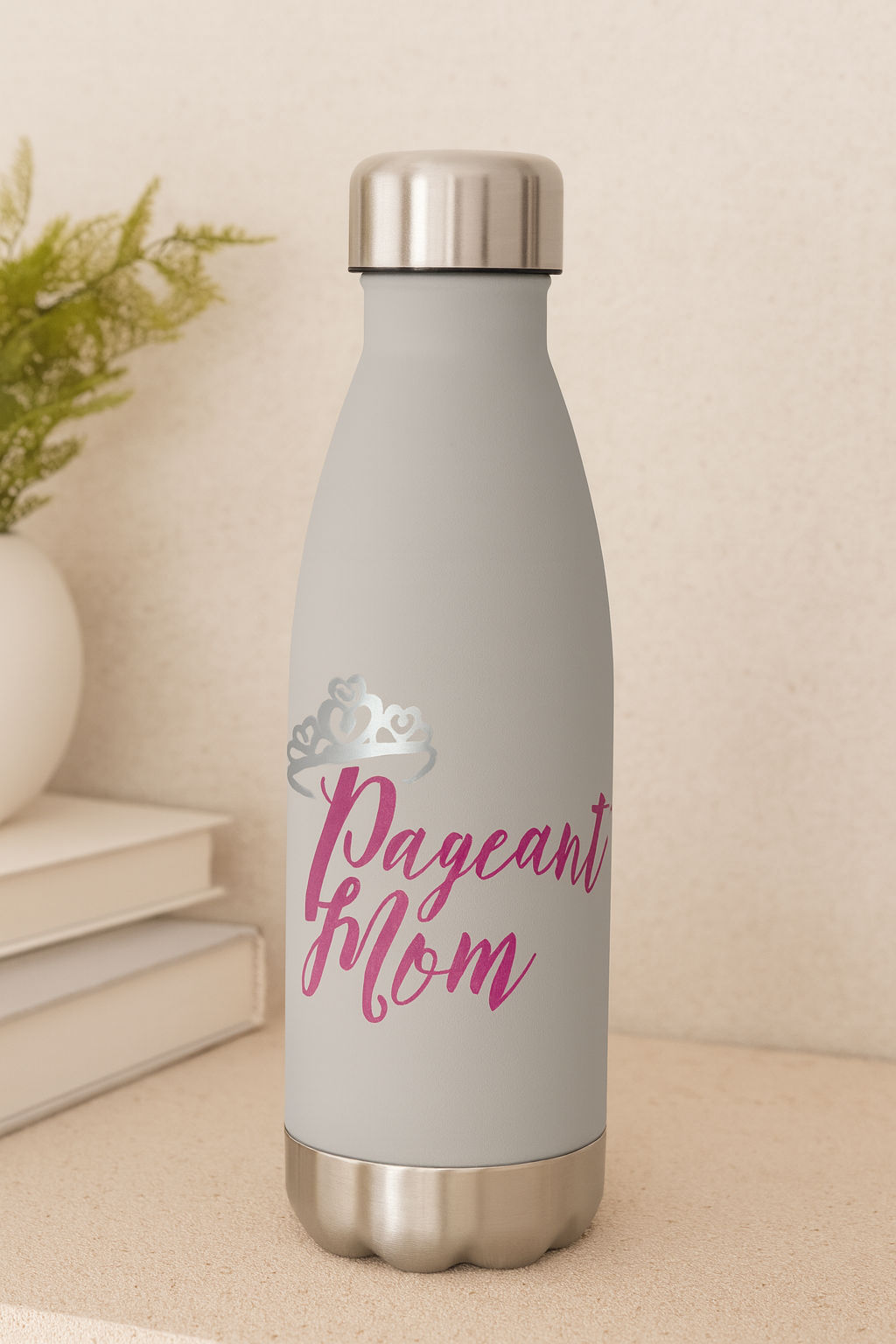 Gray water bottle with 'Pageant Mom' text on a neutral background