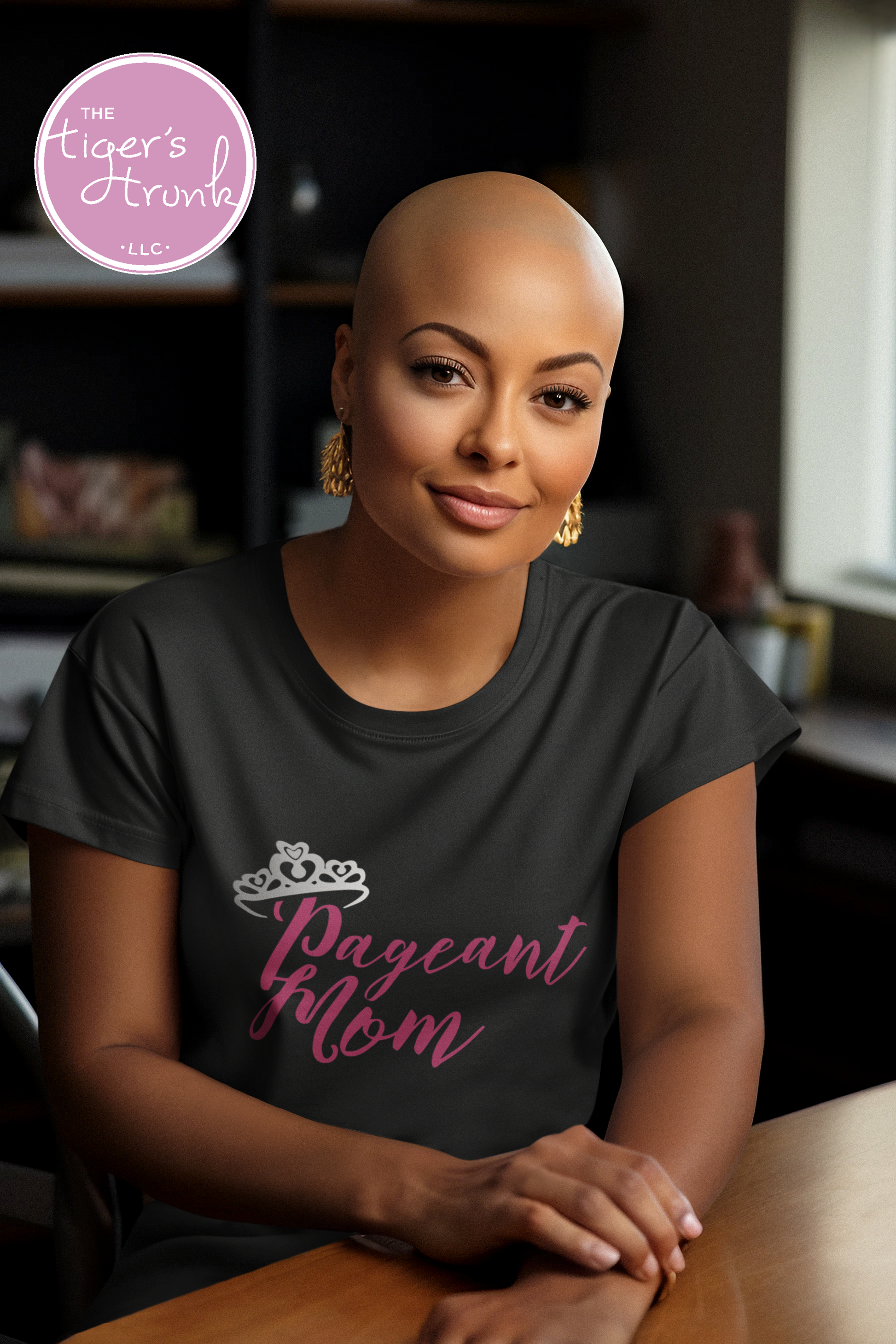 Black shirt featuring Pageant Mom design worn indoors
