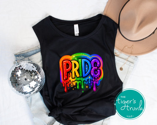 Muscle tank top with vibrant rainbow paint-drip graphic and the word “Pride,” LGBTQ+ sleeveless shirt for visibility and celebration