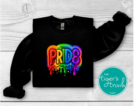 Black sweatshirt with rainbow paint-drip design and the word “Pride,” LGBTQ+ pullover for allies and queer community celebration