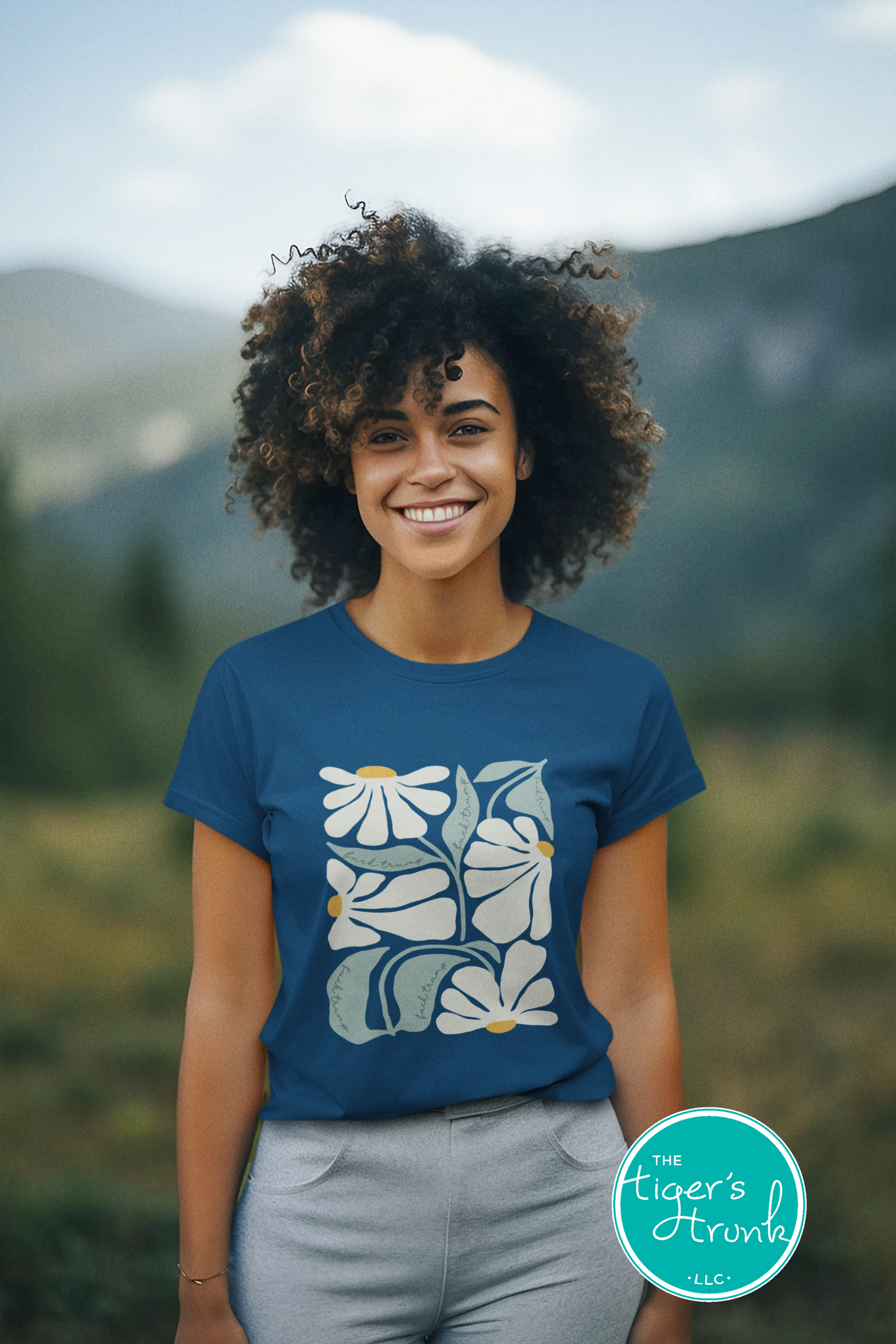 Floral-patterned t-shirt with hidden Fuck Trump message, subtle activism apparel