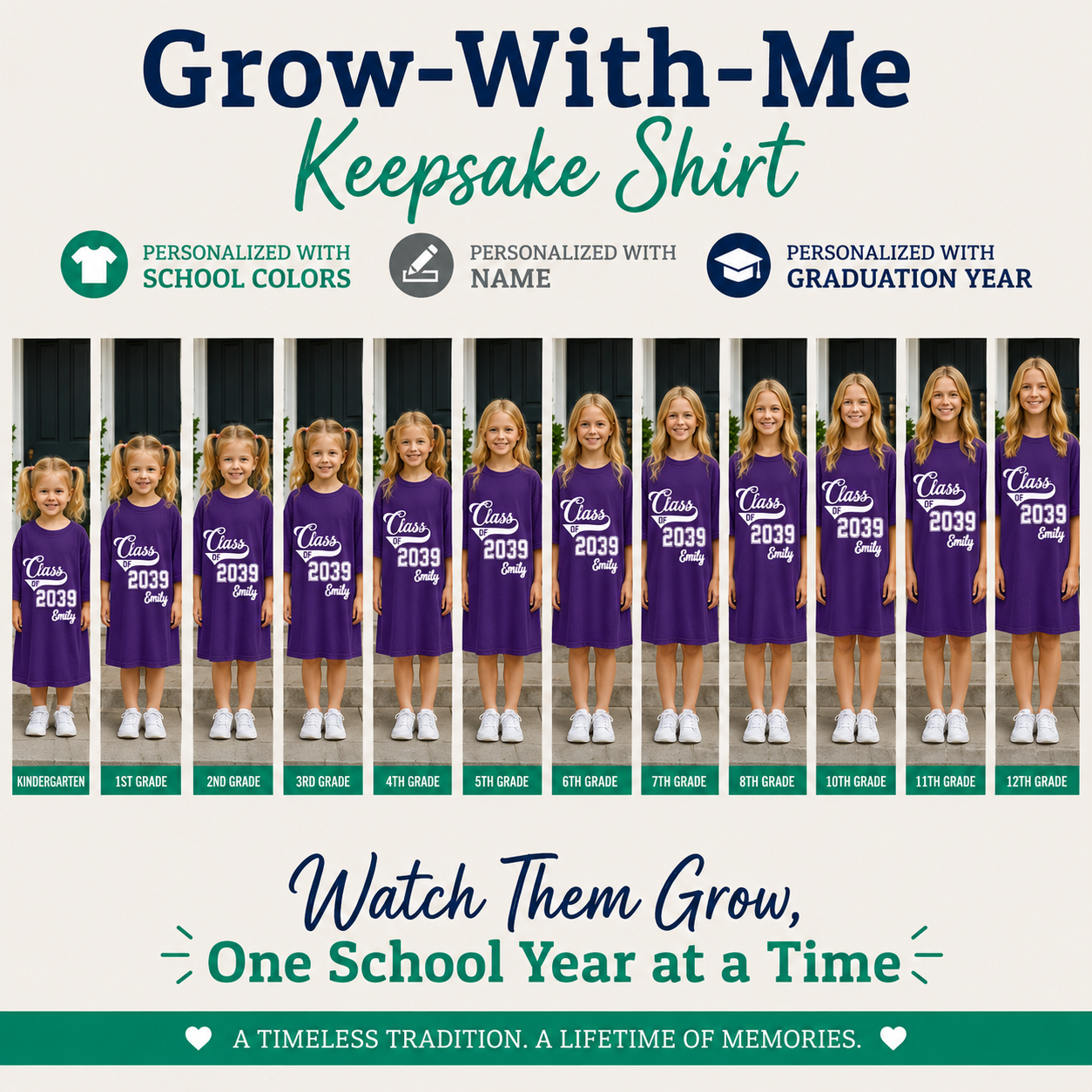 Promotional image of a 'Grow-With-Me' keepsake shirt for children, showing growth from kindergarten to 12th grade.