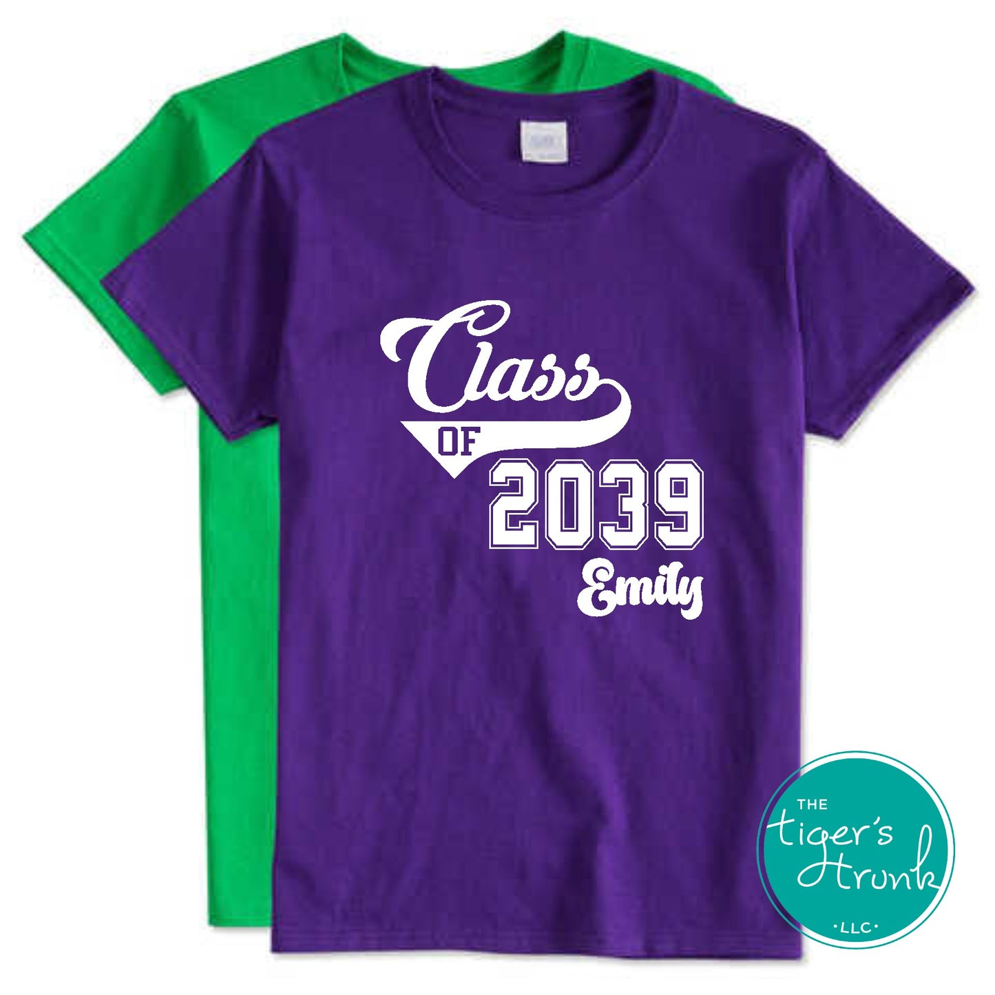 Purple personalized Class of 2039 graduation shirt with custom student name and varsity style design
