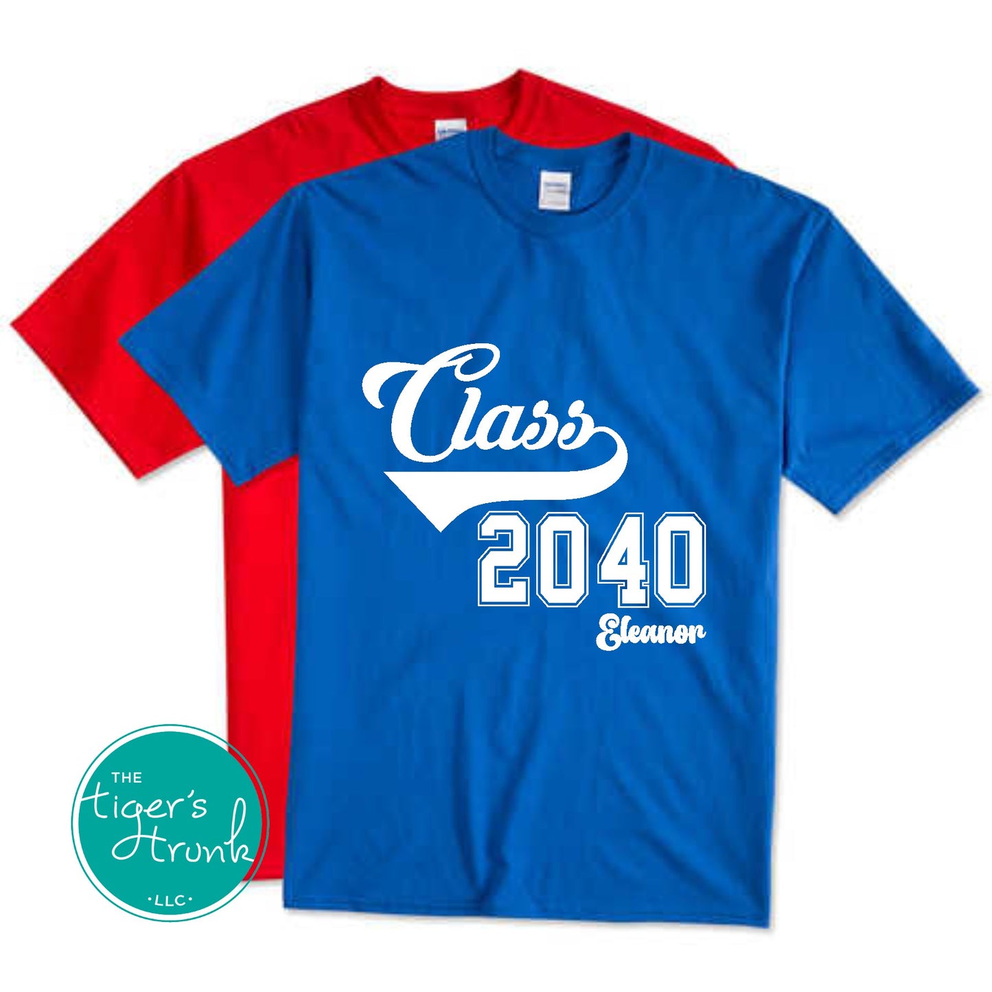 Blue t-shirt with 'Class 2040' text and red shirt in the background, featuring 'The Tiger's Trunk' logo.
